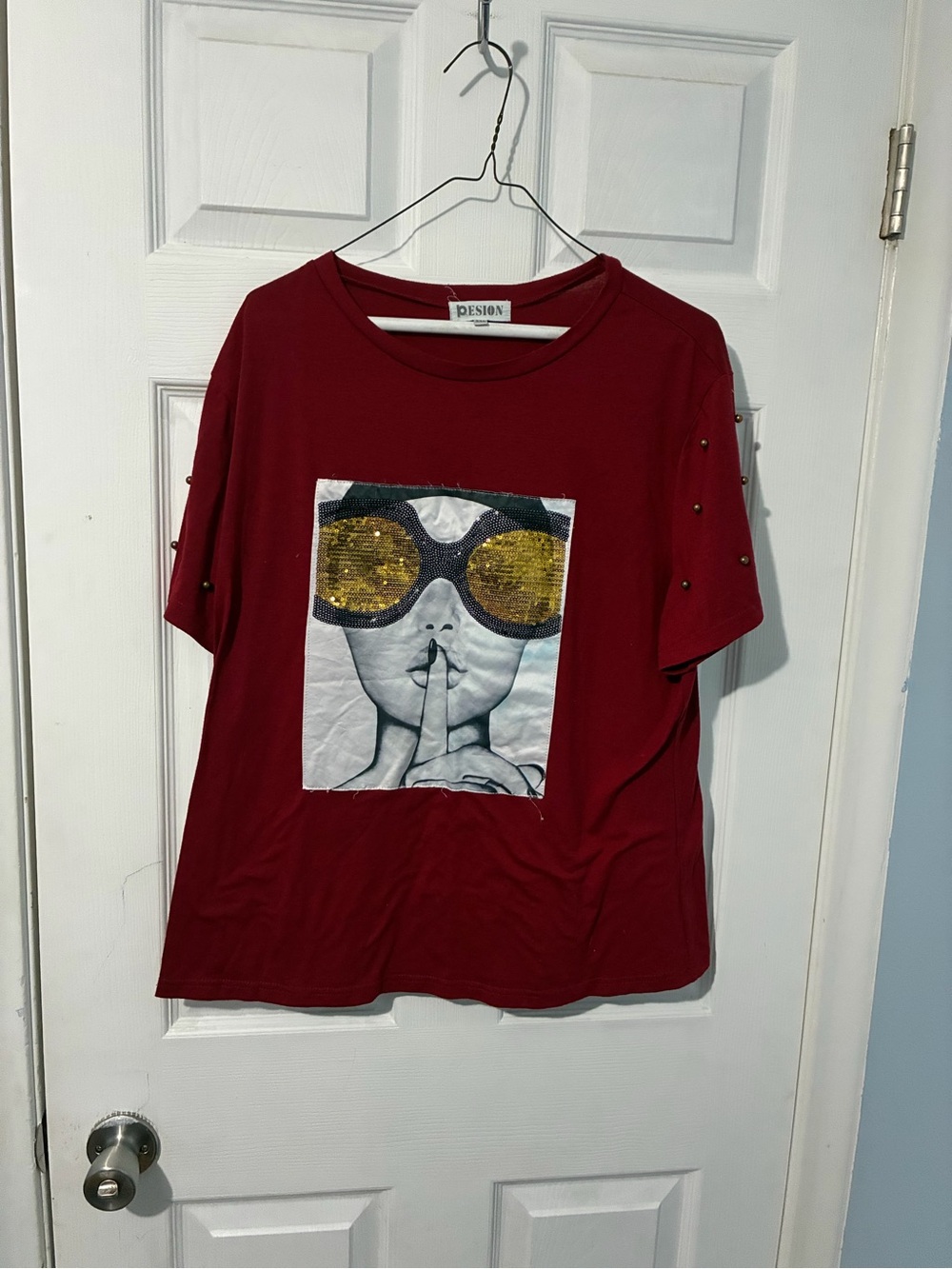 Red Short Sleeve Graphic Tee with Sequin Accent